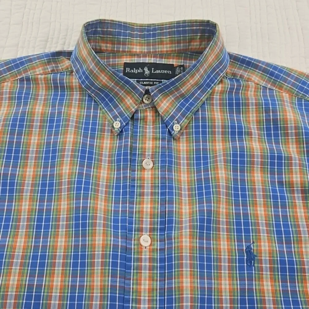 Ralph Lauren Classic Fit Shirt Men's 17 1/2 - 34/35 Blue Orange Plaid EUC Luxe‎